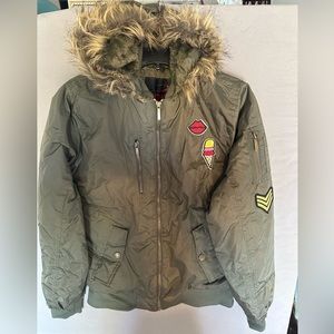 Women’s army green faux fur lined and hooded jacket size small never worn